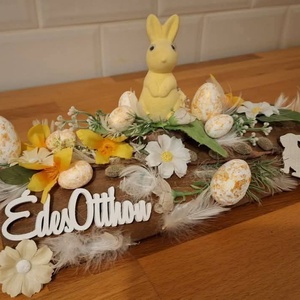 Tavaszi asztaldísz, lazúrozott fa alapon, zuzmóval  - ünnepi díszek, dekorációk - húsvéti díszek és dekorációk - húsvéti virágos díszek - Meska.hu