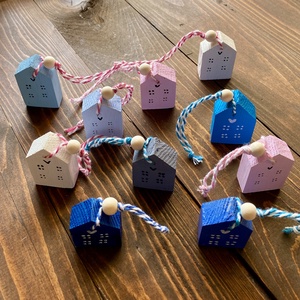 5 házikós karácsonyfadísz rózsaszín-kék - karácsony - karácsonyi lakásdekoráció - karácsonyfadíszek - Meska.hu