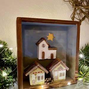 Karácsonyi falu templommal, Karácsony, Karácsonyi lakásdekoráció, Karácsonyi falu, házikó, Famegmunkálás, MESKA