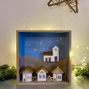 Karácsonyi falucska templommal - kézműves ajándékötlet - karácsony - adventi díszek - adventi ablakdekoráció - Meska.hu