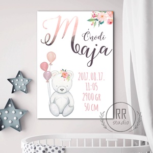 Névre szóló Kép, Maci, Gyerekszoba Falikép, babaszoba dekoráció, babaváró, felirat, pasztell, dátum, kislány, medve, Otthon & Életmód, Babaszoba, gyerekszoba, Babaszoba kép, Fotó, grafika, rajz, illusztráció, MESKA