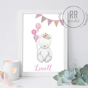 Maci, Vízfesték Kép, névreszóló, lányos, kislányszoba, Gyerekszoba Falikép, babaszoba dekoráció, állatos, egyedi, pink, Otthon & Lakás, Babaszoba, gyerekszoba, Babaszoba kép, Fotó, grafika, rajz, illusztráció, Meska