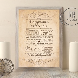 Nagymama házirendje, Családi szabályok, unoka, Nagyi, házirend, vintage falikép, anyák napi ajándék, Otthon & Életmód, Dekoráció, Fali és függő dekoráció, Felirat, Fotó, grafika, rajz, illusztráció, MESKA