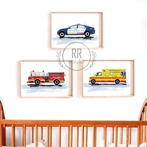 Rendőrautó, mentőautó, tűzoltóautó, fiú szoba, dekoráció, fali kép, A4 méret - otthon & lakás - babaszoba, gyerekszoba - babaszoba kép - Meska.hu