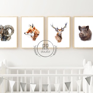 Erdei állatos, A4-es PRINT SZETT: 4DB kép, keret nélkül, róka, szarvas, vaddisznó, muflon - otthon & életmód - babaszoba, gyerekszoba - babaszoba kép - Meska.hu
