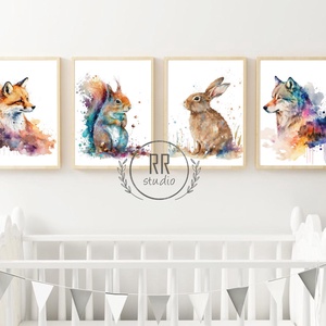 Erdei állatos, A4-es PRINT SZETT: 4DB kép, keret nélkül, róka, farkas, mókus, nyúl, Otthon & Életmód, Babaszoba, gyerekszoba, Babaszoba kép, Fotó, grafika, rajz, illusztráció, MESKA