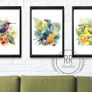 Trópusi madár print szett, trópus, pálma, ananász, kolibri, papagáj (keret nélkül), Otthon & Életmód, Dekoráció, Kép & Falikép, Több részes kép, Fotó, grafika, rajz, illusztráció, MESKA