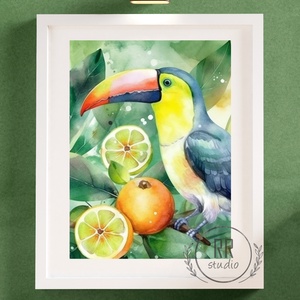 Tukán, trópusi madár, citrus, pálma, narancs,  falikép, PRINT (keret nélkül) - otthon & életmód - dekoráció - kép & falikép - több részes kép - Meska.hu
