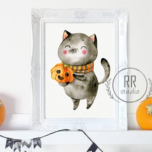 Őszi, tök, cica, falevél, gyerekszoba falikép, őszi dekoráció, halloween tök, halloween dekor, Otthon & Életmód, Dekoráció, Halloween, Halloweeni dekoráció, Fotó, grafika, rajz, illusztráció, MESKA