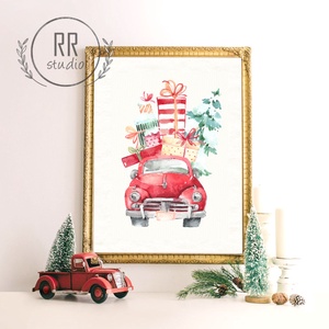 Piros autós, Téli, karácsonyi falikép, print, bogár - Meska.hu