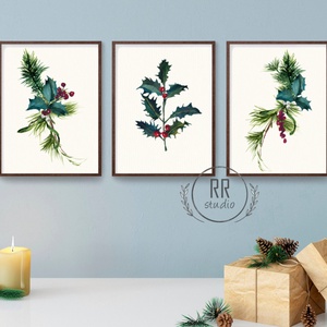 3db kép, botanikai, fenyő, magyal, Téli, karácsonyi falikép, print - Meska.hu