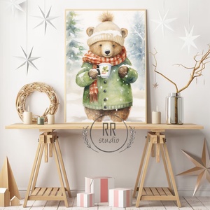 Macis, Téli, karácsonyi falikép, print, medve, Karácsony, Karácsonyi lakásdekoráció, Karácsonyi lakásdíszek, Fotó, grafika, rajz, illusztráció, MESKA