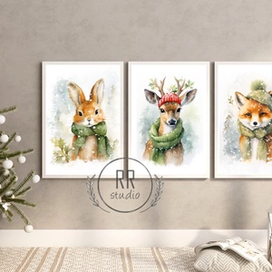 13x18cm-es, 3db állatos, Téli kép, karácsonyi falikép, print, dekoráció, nyuszi, őz, róka - Meska.hu