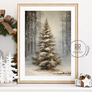 Vintage karácsonyfa festmény, Téli, karácsonyi falikép, print, kép, fenyőfa, Karácsony, Karácsonyi lakásdekoráció, Karácsonyi lakásdíszek, Fotó, grafika, rajz, illusztráció, MESKA