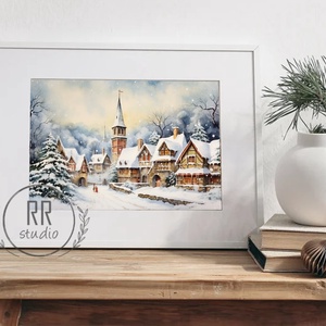 Téli táj, havas házak, karácsonyi város, karácsonyi falikép, print, kép - karácsony - karácsonyi lakásdekoráció - karácsonyi lakásdíszek - Meska.hu