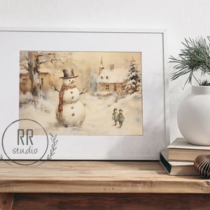 Hangulatos Téli táj, Hóember, karácsonyi város, karácsonyi falikép, print, kép, Karácsony, Karácsonyi lakásdekoráció, Karácsonyi lakásdíszek, Fotó, grafika, rajz, illusztráció, MESKA