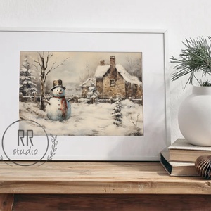Havas Téli táj, hóember, karácsonyi falikép, print, vintage kép, festmény - karácsony - karácsonyi lakásdekoráció - karácsonyi lakásdíszek - Meska.hu
