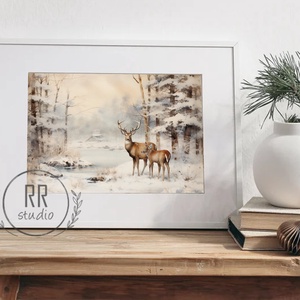 Vinatge Téli kép, szarvasos festmény, karácsonyi falikép, print, Karácsony, Karácsonyi lakásdekoráció, Karácsonyi lakásdíszek, Fotó, grafika, rajz, illusztráció, MESKA