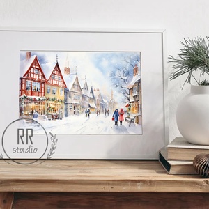 Hangulatos Téli táj, havas házak, karácsonyi város, karácsonyi falikép, print, kép, Karácsony, Karácsonyi lakásdekoráció, Karácsonyi lakásdíszek, Fotó, grafika, rajz, illusztráció, MESKA