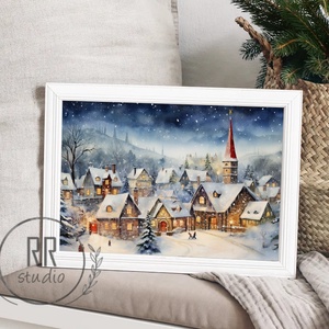 Hangulatos Téli táj, havas házak, karácsonyi város, karácsonyi falikép, print, kép - Meska.hu