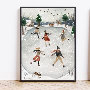 Korcsolyázó emberek, Téli, karácsonyi falikép, print, rajz - Meska.hu