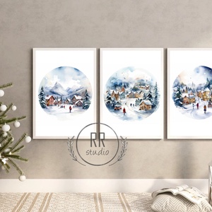 3db, Hangulatos Téli táj, szett, havas házak, karácsonyi város, karácsonyi falikép, print, kép - Meska.hu