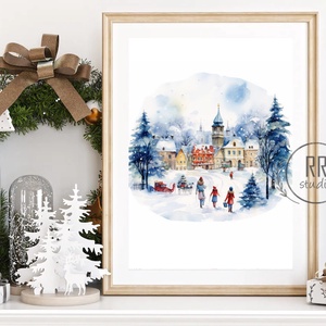 Téli táj, havas, város, házak, karácsonyi falikép, print, vízfesték festmény , Karácsony, Karácsonyi lakásdekoráció, Karácsonyi lakásdíszek, Fotó, grafika, rajz, illusztráció, MESKA