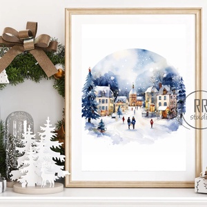 Téli táj, havas, város, házak, karácsonyi falikép, print, vízfesték festmény , Karácsony, Karácsonyi lakásdekoráció, Karácsonyi lakásdíszek, Fotó, grafika, rajz, illusztráció, MESKA