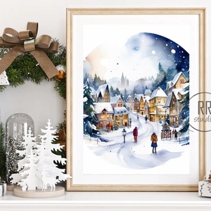 Téli táj, havas, város, házak, karácsonyi falikép, print, vízfesték festmény , Karácsony, Karácsonyi lakásdekoráció, Karácsonyi lakásdíszek, Fotó, grafika, rajz, illusztráció, MESKA