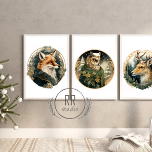 Vintage, erdei állat portré, 3db állatos, Téli kép, karácsonyi falikép, print, dekoráció, róka, bagoly, szarvas - karácsony - karácsonyi lakásdekoráció - karácsonyi lakásdíszek - Meska.hu