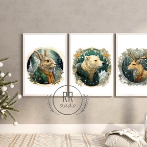 Vintage, erdei állat portré, 3db állatos, Téli kép, karácsonyi falikép, print, dekoráció, nyúl, jegesmedve, szarvas - karácsony - karácsonyi lakásdekoráció - karácsonyi lakásdíszek - Meska.hu