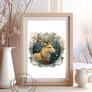 Vintage állatos portré, rajz, festmény, téli falikép, karácsonyi dekoráció, kép, print, szarvas - karácsony - karácsonyi lakásdekoráció - karácsonyi lakásdíszek - Meska.hu
