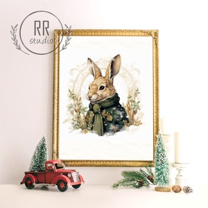 Vintage állatos portré, rajz, festmény, téli falikép, karácsonyi dekoráció, kép, print, nyúl, nyuszi - karácsony - karácsonyi lakásdekoráció - karácsonyi lakásdíszek - Meska.hu