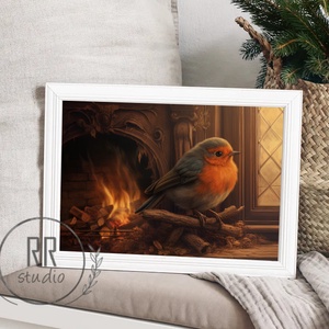 vörösbegy kandallónál, Téli, karácsonyi falikép, print, Karácsony, Karácsonyi lakásdekoráció, Karácsonyi lakásdíszek, Fotó, grafika, rajz, illusztráció, MESKA