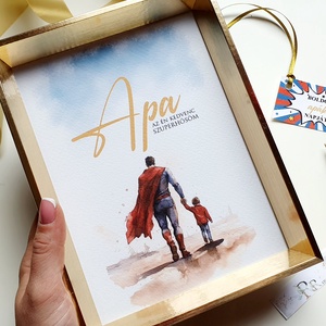 Apák napi ajándék, 15x20 cm arany keretben vízfesték hatásu kép művészpapíron, ajéndékkísérővel, masnival, Otthon & Életmód, Dekoráció, Kép & Falikép, Poszter, Fotó, grafika, rajz, illusztráció, MESKA