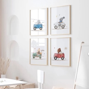 Állatos autós print szett, 4db, A4 méret, Babaszoba fali dekoráció, állatos falikép, nyuszi, elefánt, maci, róka - otthon & életmód - babaszoba, gyerekszoba - babaszoba kép - Meska.hu