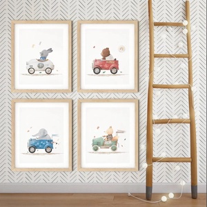 Állatos autós print szett, 4db, A4 méret, Babaszoba fali dekoráció, állatos falikép, nyuszi, elefánt, maci, róka - otthon & életmód - babaszoba, gyerekszoba - babaszoba kép - Meska.hu