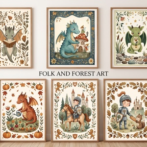 Sárkányos, mesekönyv illusztráció, print szett, 6db, A4 méret, gyerekszoba fali dekoráció, sárkány, lovag, falikép - Meska.hu