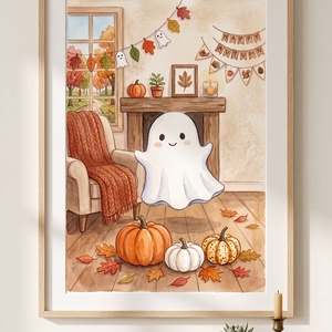 Aranyos szellem kép, őszi rajz, halloween dekor, Halloween kép - KERET NÉLKÜL - Meska.hu