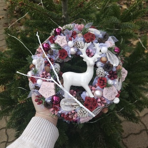 Karácsonyi szarvasos ajtódísz, Karácsony, Karácsonyi lakásdekoráció, Karácsonyi ajtódíszek, Virágkötés, MESKA