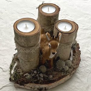 Őzike  téli, adventi asztaldísz farönk mécsestartókkal - karácsony - karácsonyi lakásdekoráció - ünnepi asztaldekoráció - Meska.hu