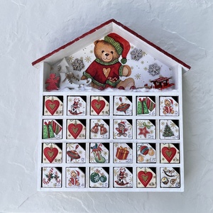 Adventi házikó, naptár mackóval, Karácsony, Adventi díszek, Adventi naptár, Decoupage, transzfer és szalvétatechnika, MESKA