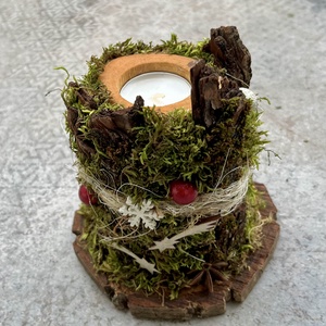 Mécsestartó, fa, mohás, rusztikus, Karácsony, Adventi díszek, Adventi asztaldísz, Virágkötés, Mindenmás, MESKA