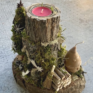 Erdei manó - rusztikus asztaldísz fa mécsestartóval  - karácsony - karácsonyi lakásdekoráció - karácsonyi lakásdíszek - Meska.hu