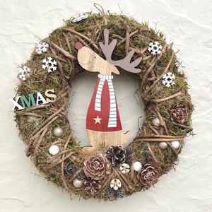 Téli, karácsonyi kopogtató, ajtó- vagy falidísz - RÉNSZARVAS, Karácsony, Karácsonyi lakásdekoráció, Karácsonyi ajtódíszek, Virágkötés, Mindenmás, MESKA