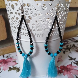 Fekete-türkiz bojtocska, Ékszer, Fülbevaló, Rojtos fülbevaló, Ékszerkészítés, Gyöngyfűzés, gyöngyhímzés, MESKA