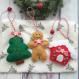 Bababarát karácsonyi filc díszek, Hóember, házikó, fenyőfa - Meska.hu