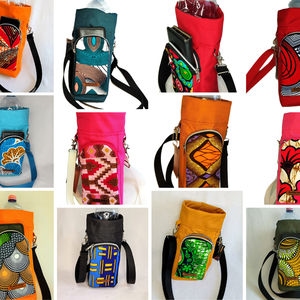 Sötét zöld alapon/mintás afrikai pamutvászon multifunkciós kulacs és telefontartó táska - táska & tok - edzőtáskák - sporttáska - Meska.hu