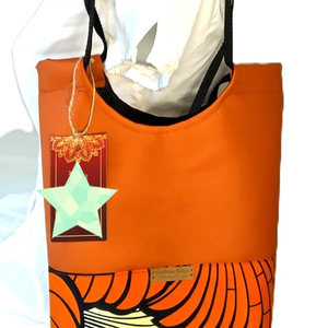 Narancs levél motívumos  afrikai pamutvászon/narancs műbőr shopper szett  - táska & tok - variálható táska - Meska.hu