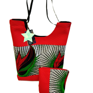 Tűzpiros afrikai pamutvászon/steppelt műbör shopper szett  - táska & tok - variálható táska - Meska.hu